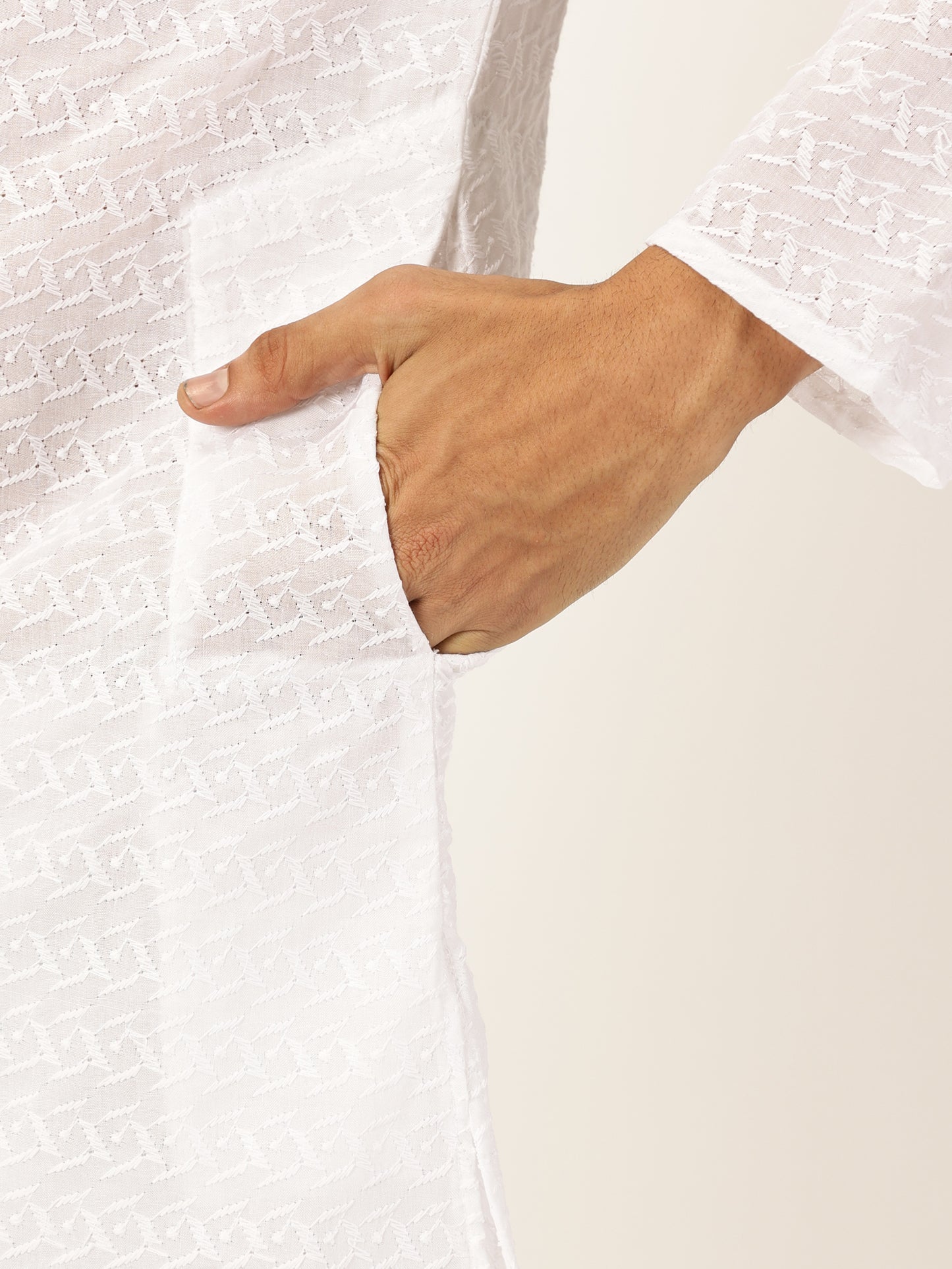 White Kurta Pyjama Cotton Self Design