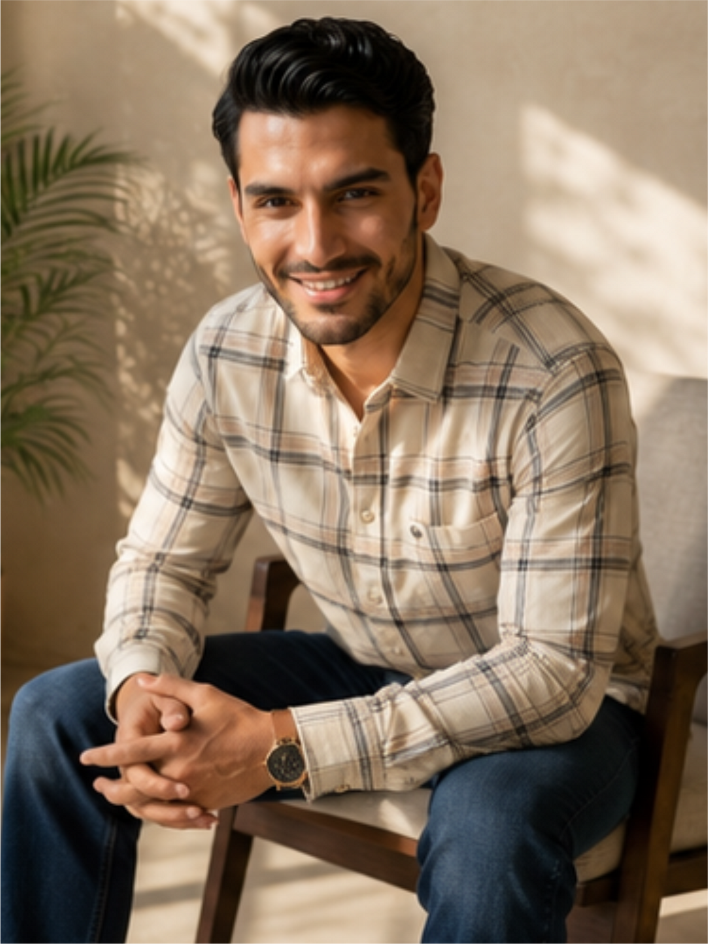 Men's Checked Regular Fit Shirt with Patch Pocket, Cream