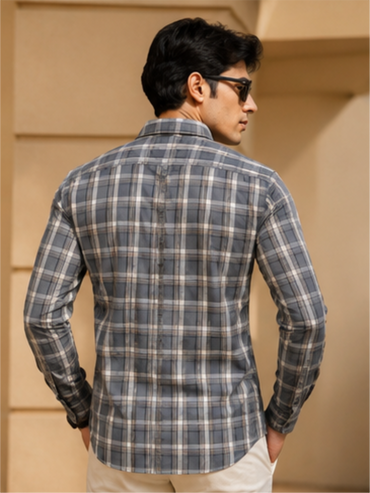 Men's Classic Slim Fit Checked Spread Collar Cotton Casual Shirt