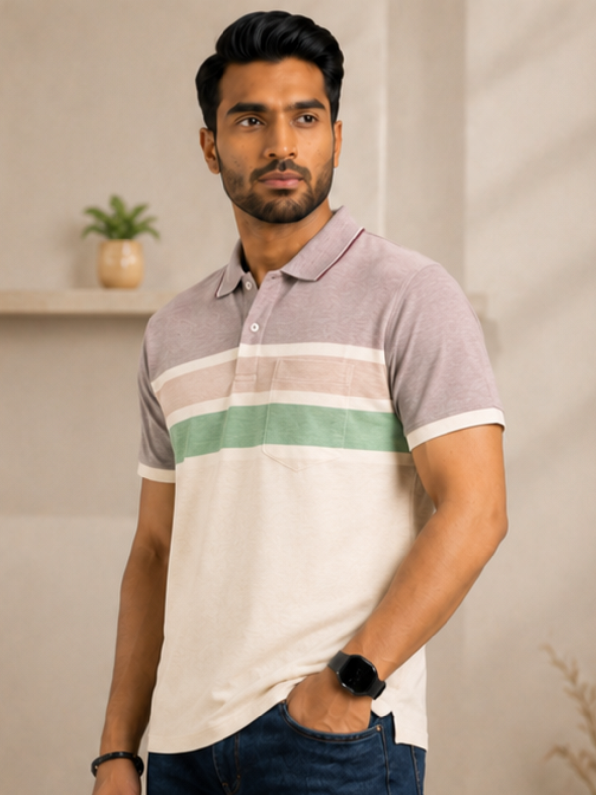 Men Striped Polo Neck Cotton Blend Half Sleeve T-Shirt, Peach
