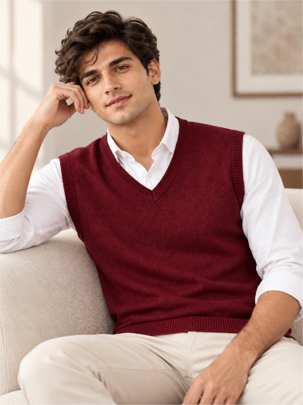 Men's Solid Wine V-Neck Sleeveless Sweater