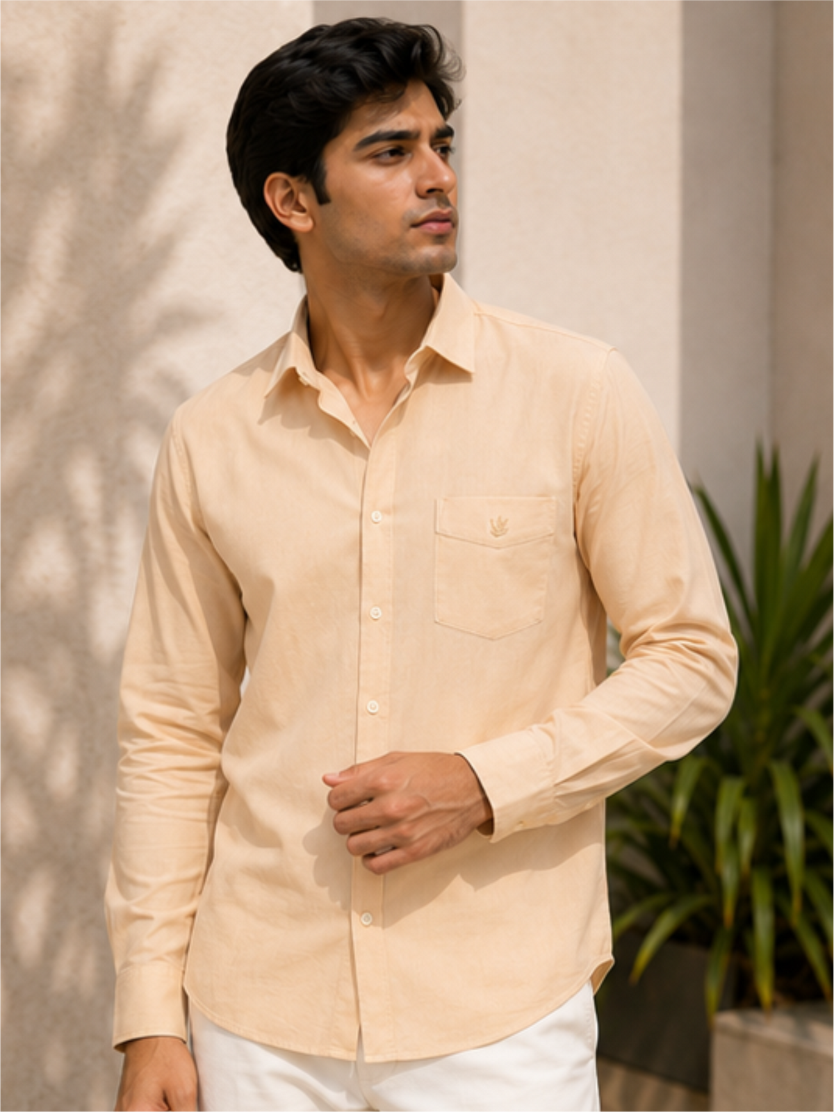 Men's Premium Solid Cotton Casual Shirt, Beige