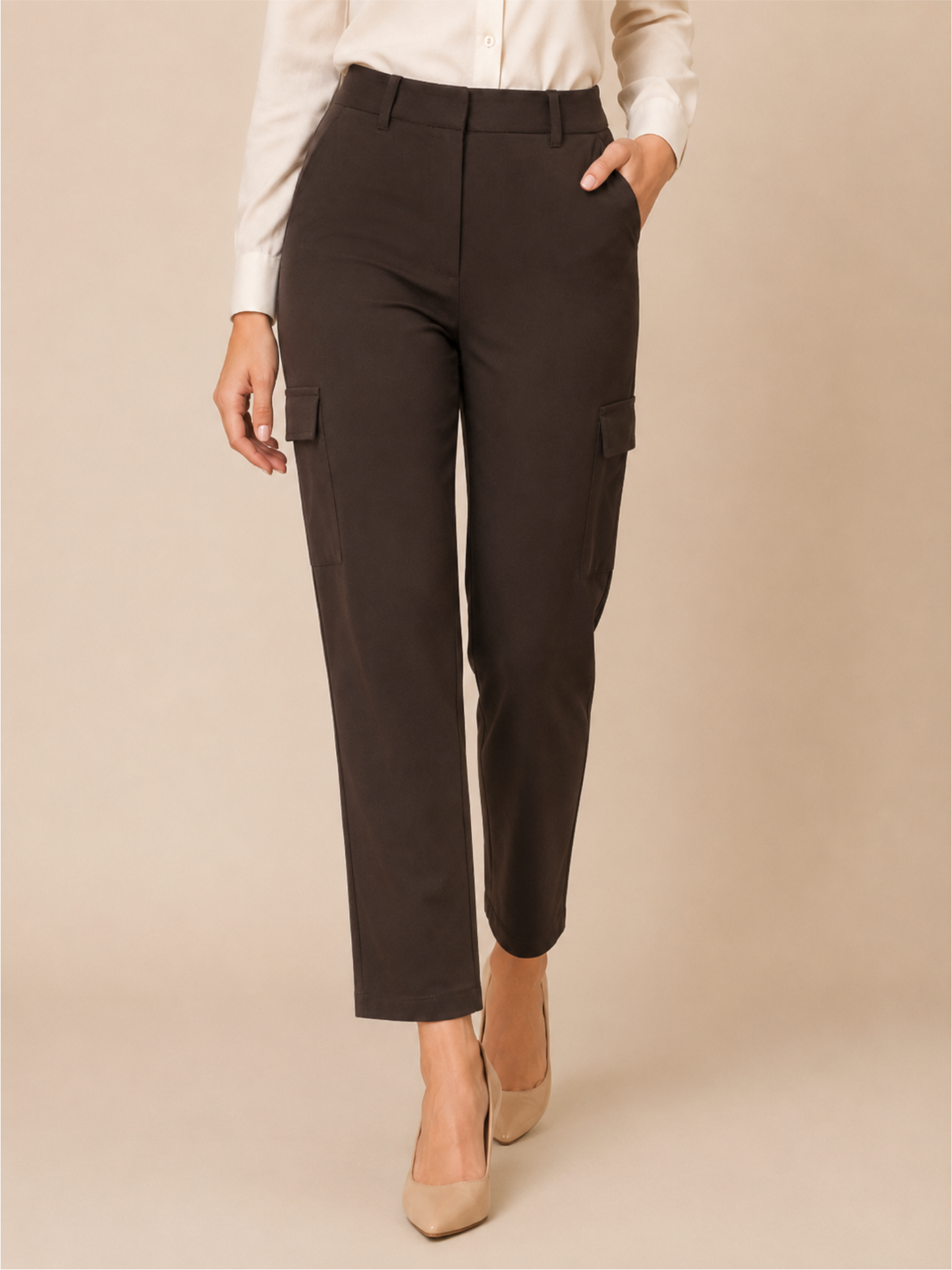 Solid Relaxed Fit High-Rise Flat-Front Cargos Trousers