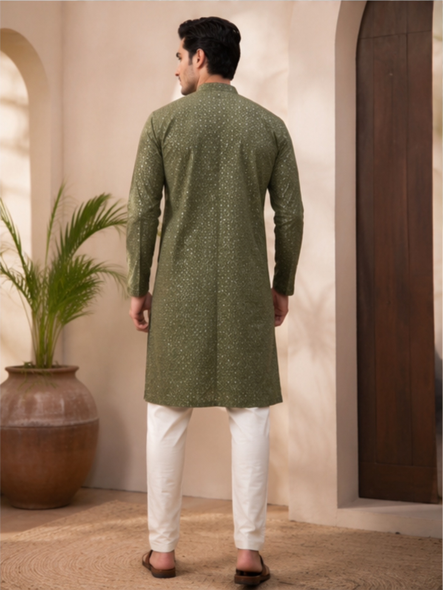 Men's Floral Embroidered Sequinned Kurta with Bottom, Green