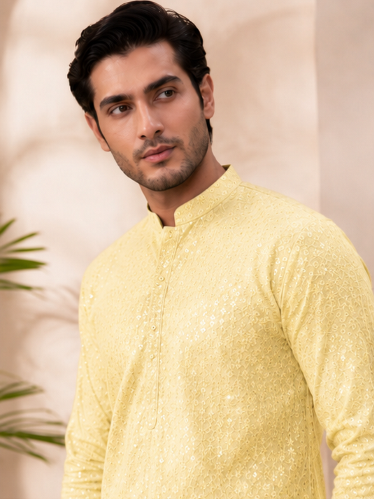 Men's Floral Embroidered Sequinned Kurta with Bottom, Yellow