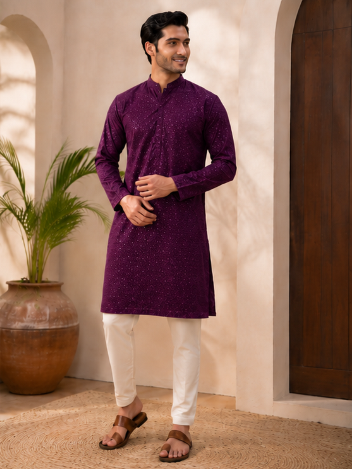 Men's Floral Embroidered Sequinned Kurta with Bottom, Wine