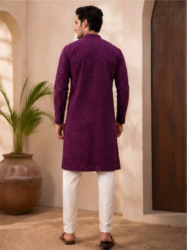 Men's Floral Embroidered Sequinned Kurta with Bottom, Wine