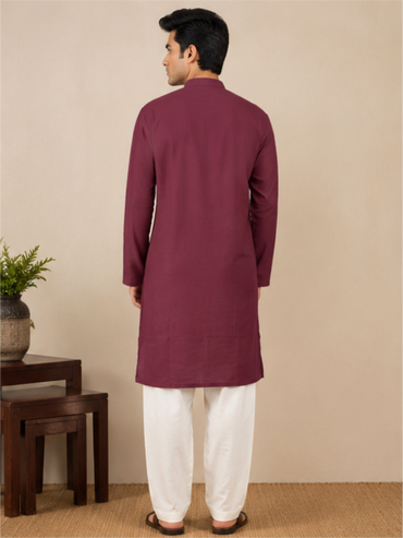 Men Solid Regular Straight Kurta with Bottom, Wine
