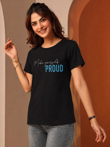 Women's Black Printed Round Neck Cotton Graphic T-Shirt