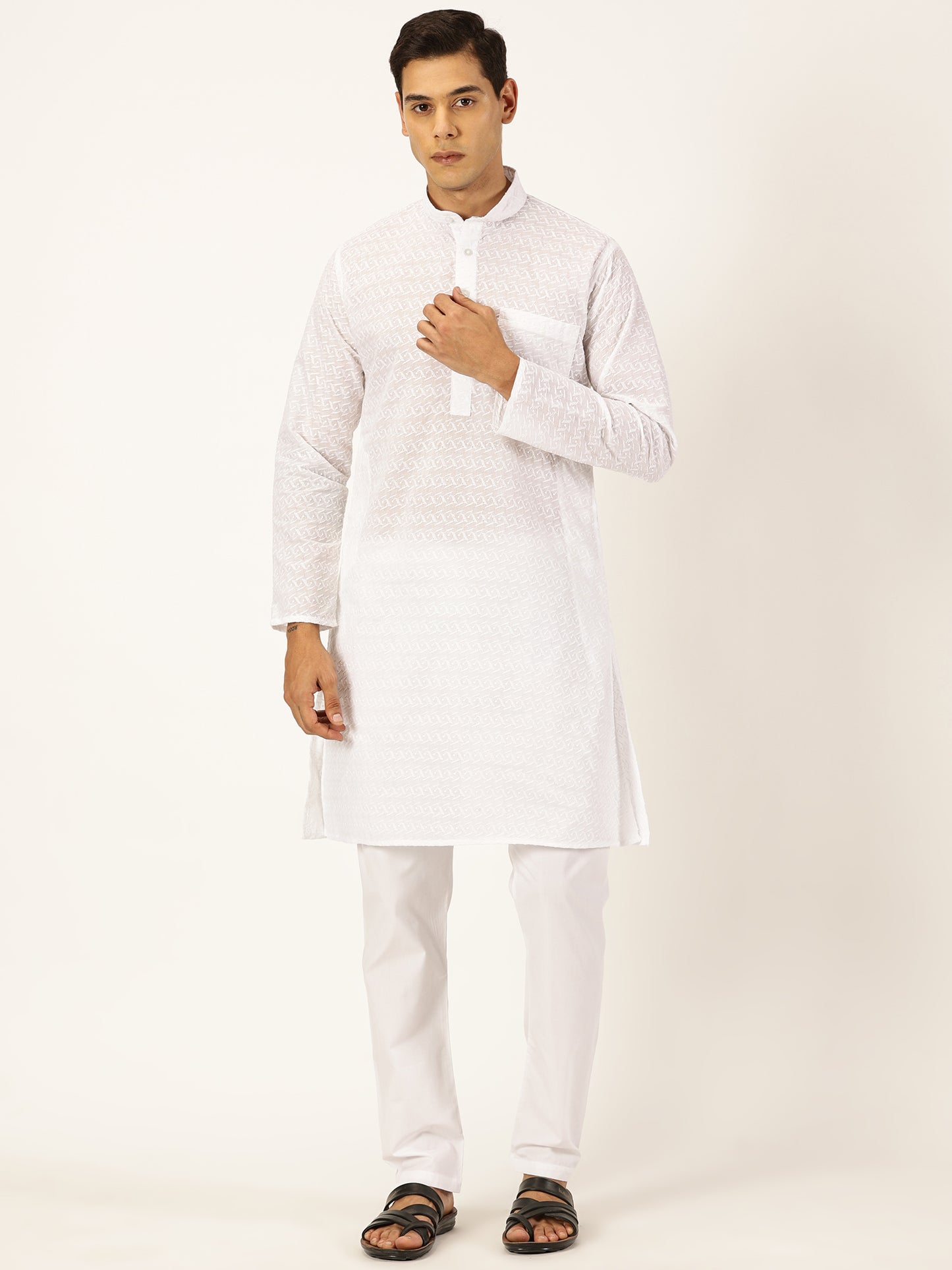 WHITE KURTA PYJAMA COTTON SELF DESIGN