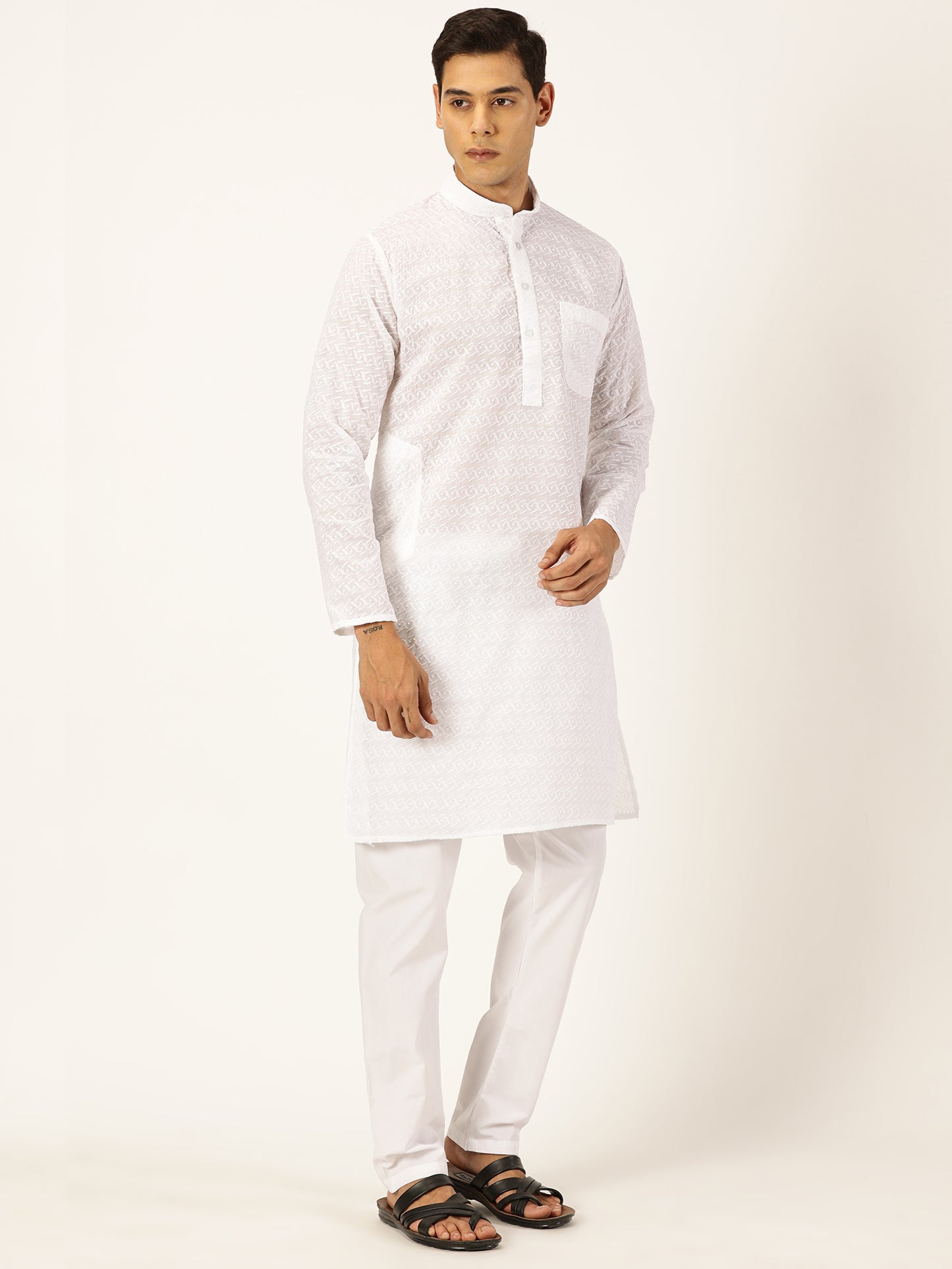 WHITE KURTA PYJAMA COTTON SELF DESIGN