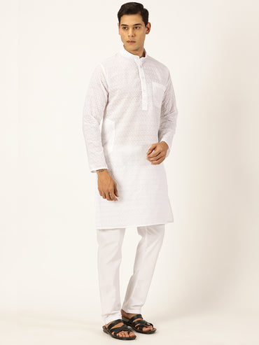 WHITE KURTA PYJAMA COTTON SELF DESIGN