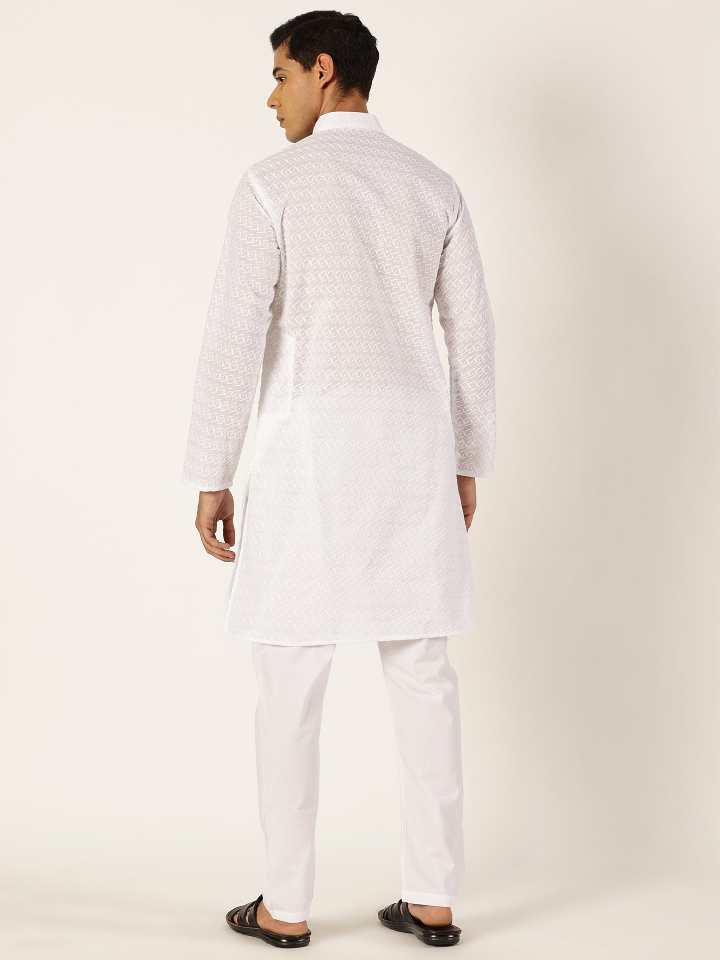 WHITE KURTA PYJAMA COTTON SELF DESIGN