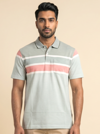 Men Striped Polo Neck Cotton Blend Half Sleeve T-Shirt, Grey