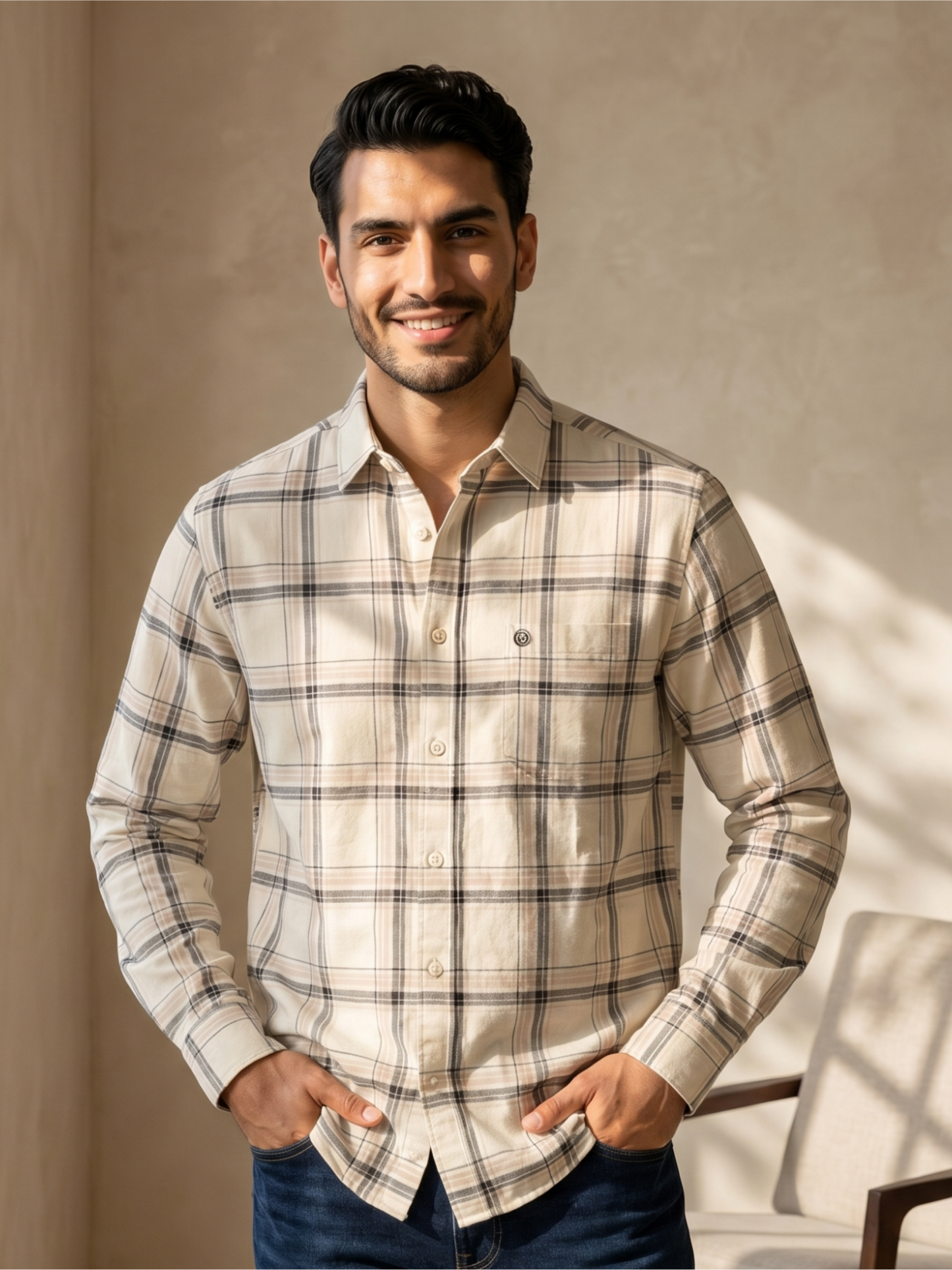 Men's Checked Regular Fit Shirt with Patch Pocket, Cream