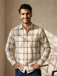 Men's Checked Regular Fit Shirt with Patch Pocket, Cream