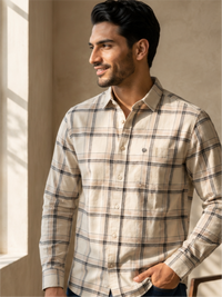 Men's Checked Regular Fit Shirt with Patch Pocket, Cream