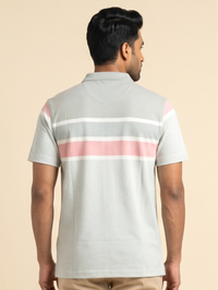 Men Striped Polo Neck Cotton Blend Half Sleeve T-Shirt, Grey