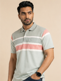 Men Striped Polo Neck Cotton Blend Half Sleeve T-Shirt, Grey