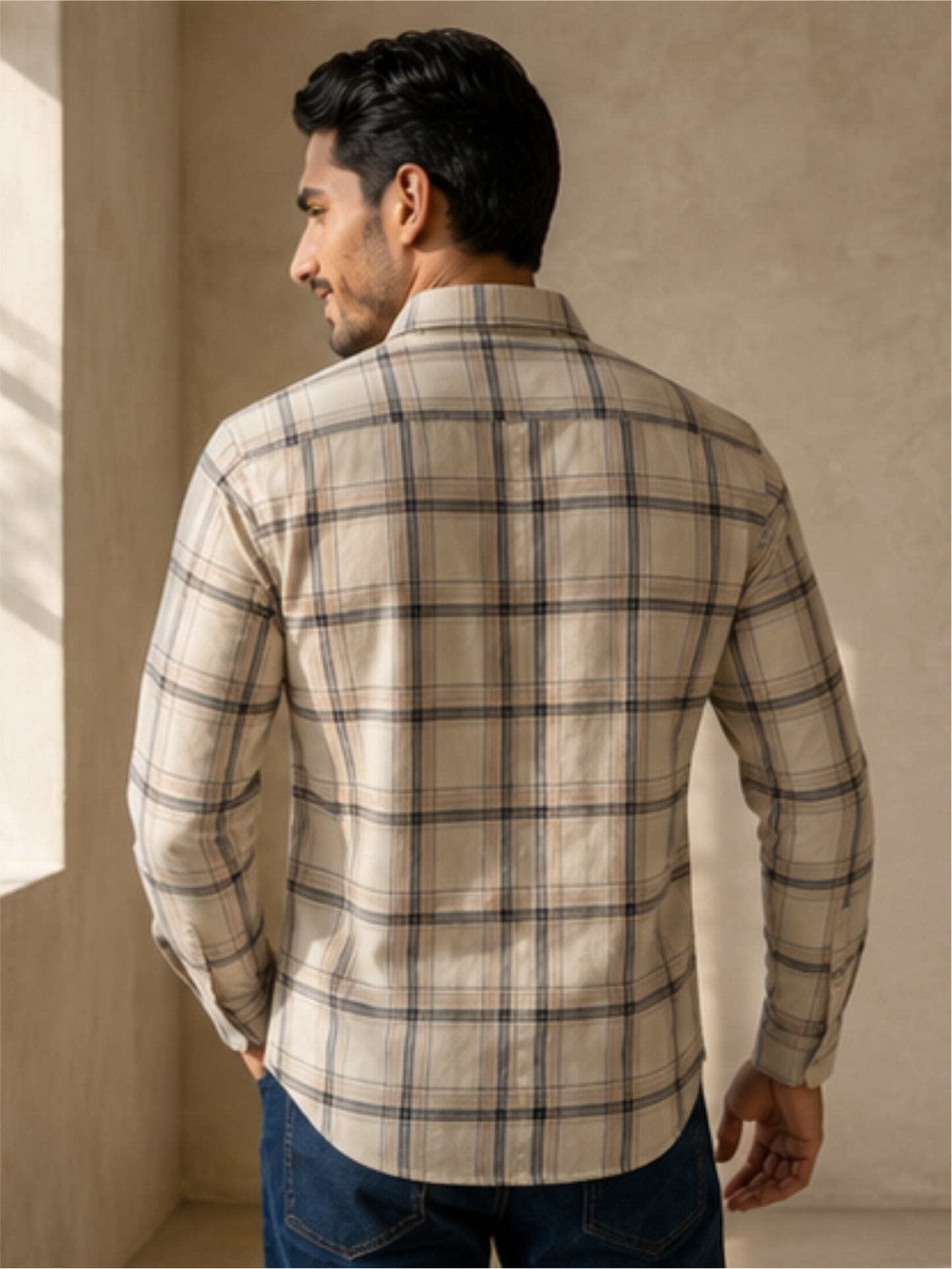 Men's Checked Regular Fit Shirt with Patch Pocket, Cream