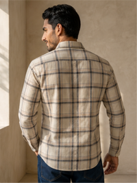 Men's Checked Regular Fit Shirt with Patch Pocket, Cream
