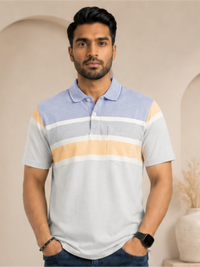 Men Striped Polo Neck Cotton Blend Half Sleeve T-Shirt, Sky