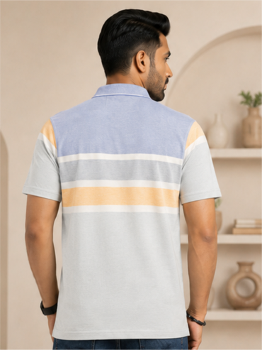 Men Striped Polo Neck Cotton Blend Half Sleeve T-Shirt, Sky