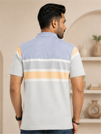 Men Striped Polo Neck Cotton Blend Half Sleeve T-Shirt, Sky