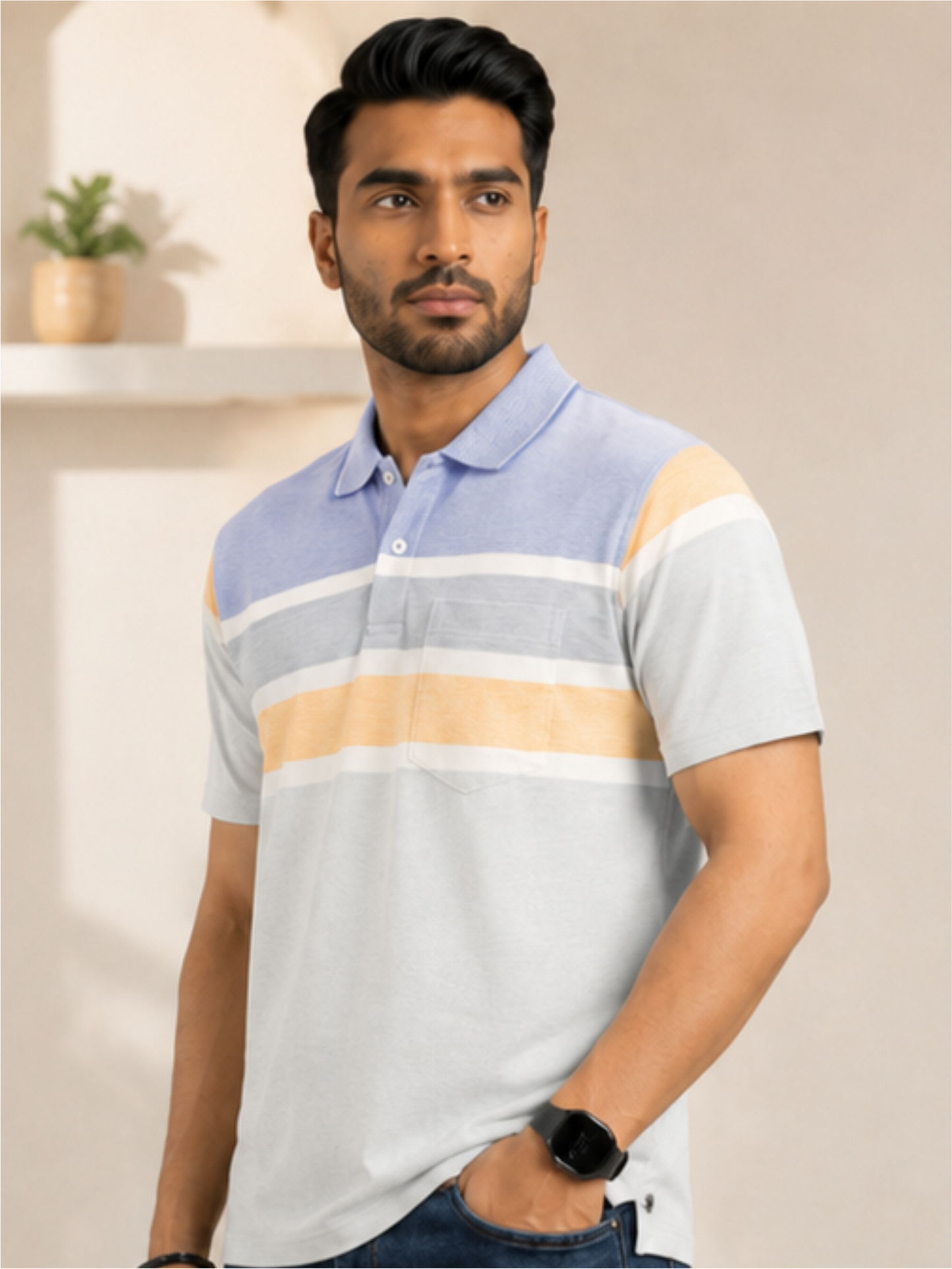 Men Striped Polo Neck Cotton Blend Half Sleeve T-Shirt, Sky
