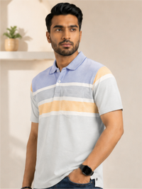 Men Striped Polo Neck Cotton Blend Half Sleeve T-Shirt, Sky
