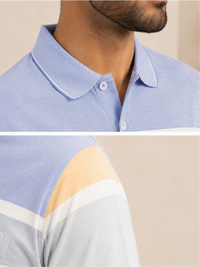 Men Striped Polo Neck Cotton Blend Half Sleeve T-Shirt, Sky