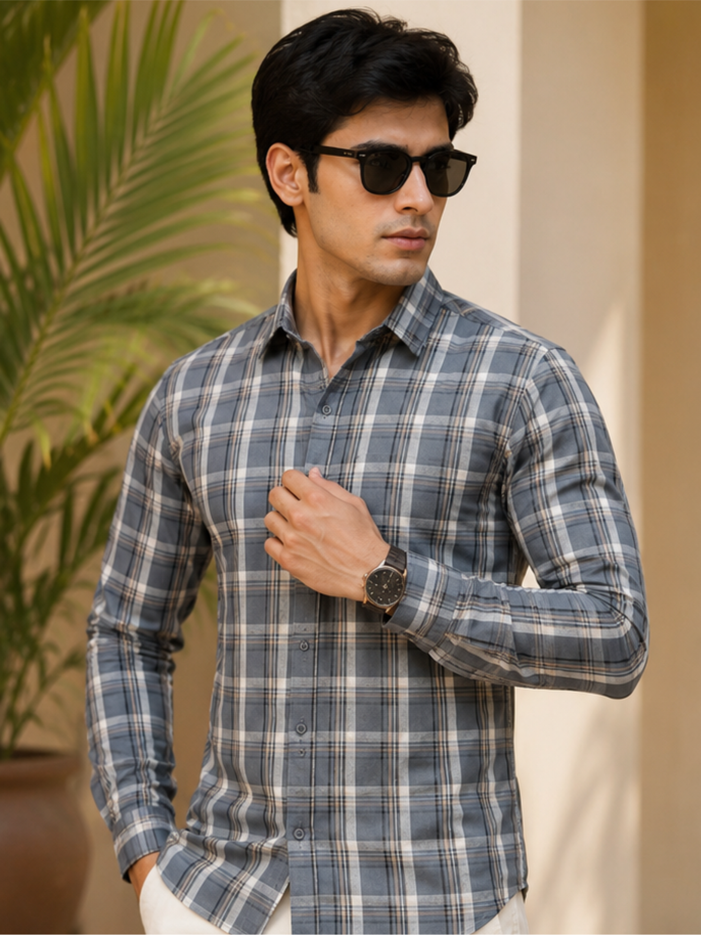 Men's Classic Slim Fit Checked Spread Collar Cotton Casual Shirt.