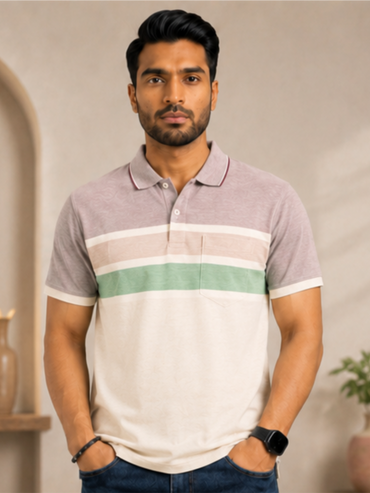 Men Striped Polo Neck Cotton Blend Half Sleeve T-Shirt, Peach