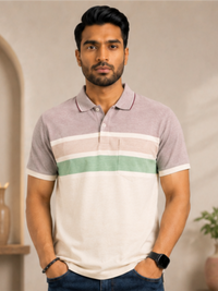 Men Striped Polo Neck Cotton Blend Half Sleeve T-Shirt, Peach