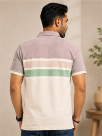Men Striped Polo Neck Cotton Blend Half Sleeve T-Shirt, Peach