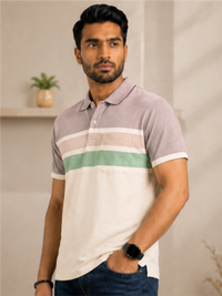 Men Striped Polo Neck Cotton Blend Half Sleeve T-Shirt, Peach