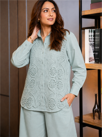 Floral Embroidered Sea Green Relaxed Co-Ord Set