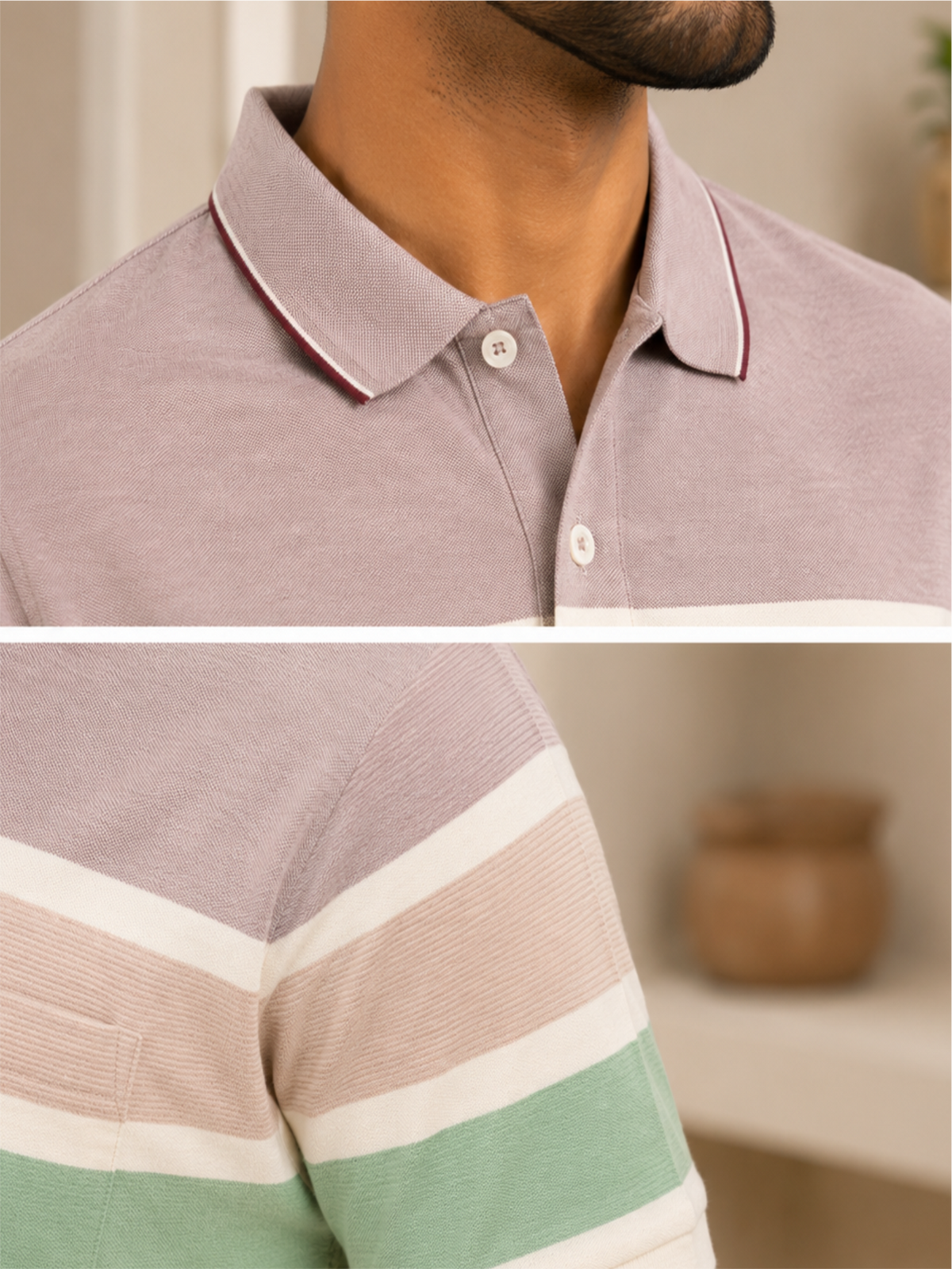 Men Striped Polo Neck Cotton Blend Half Sleeve T-Shirt, Peach