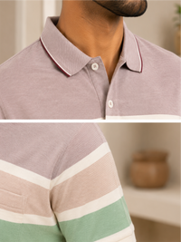 Men Striped Polo Neck Cotton Blend Half Sleeve T-Shirt, Peach