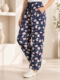 Stylish Navy Blue Floral Print Relaxed Lower for Women