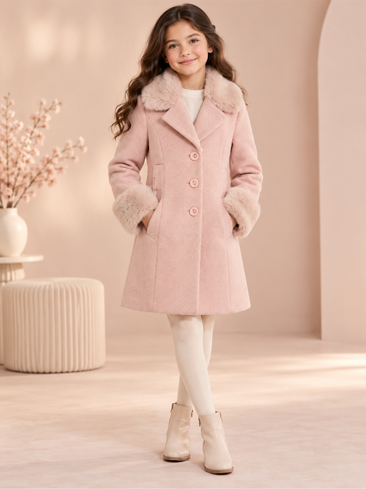 Premium Girls Warm Longline Winter Coat with Faux Fur Cuffs