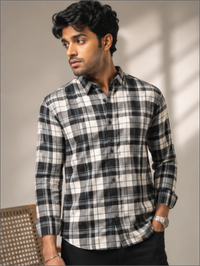 Men's Slim Fit Full Sleeves Checked Cotton Casual Shirt, Black & White
