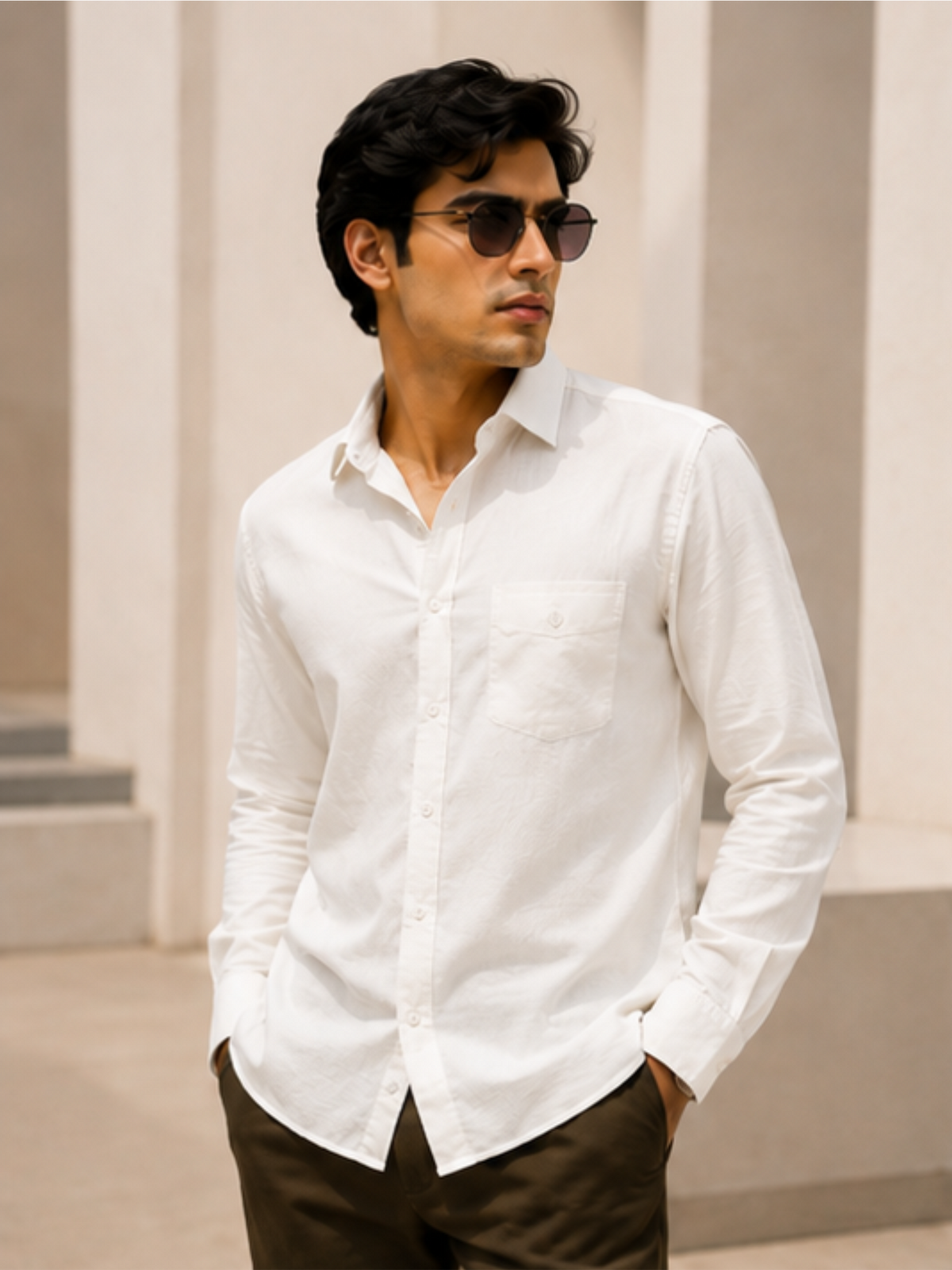 Men's Classic Solid Cotton Casual Shirt, White
