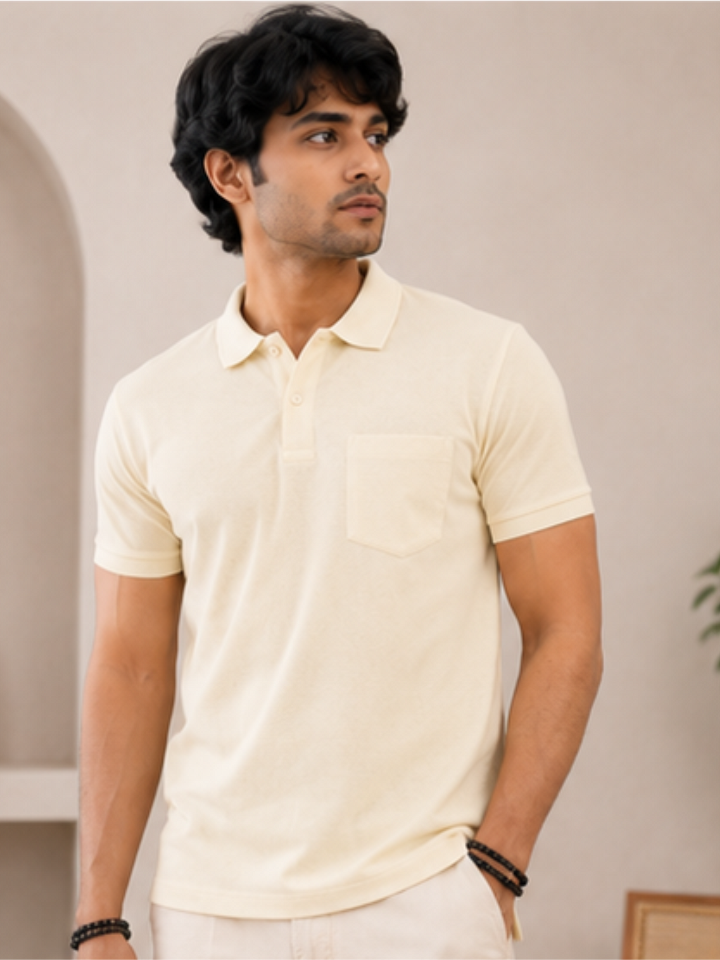 Men's Premium & Polo Neck Half Sleeves Plain with Pocket, Cream