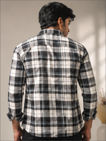 Men's Slim Fit Full Sleeves Checked Cotton Casual Shirt, Black & White