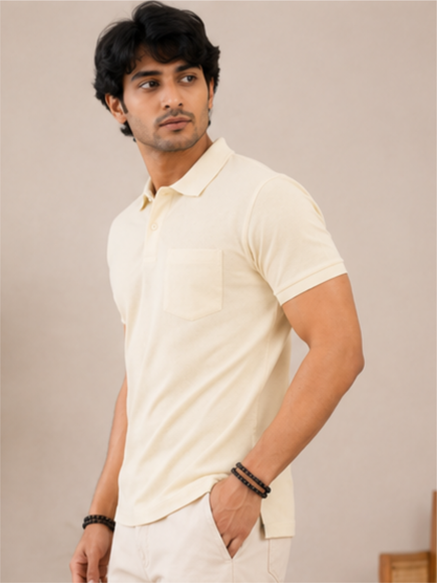 Men's Premium & Polo Neck Half Sleeves Plain with Pocket, Cream