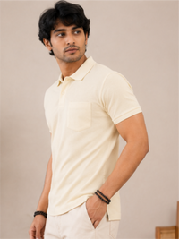Men's Premium & Polo Neck Half Sleeves Plain with Pocket, Cream
