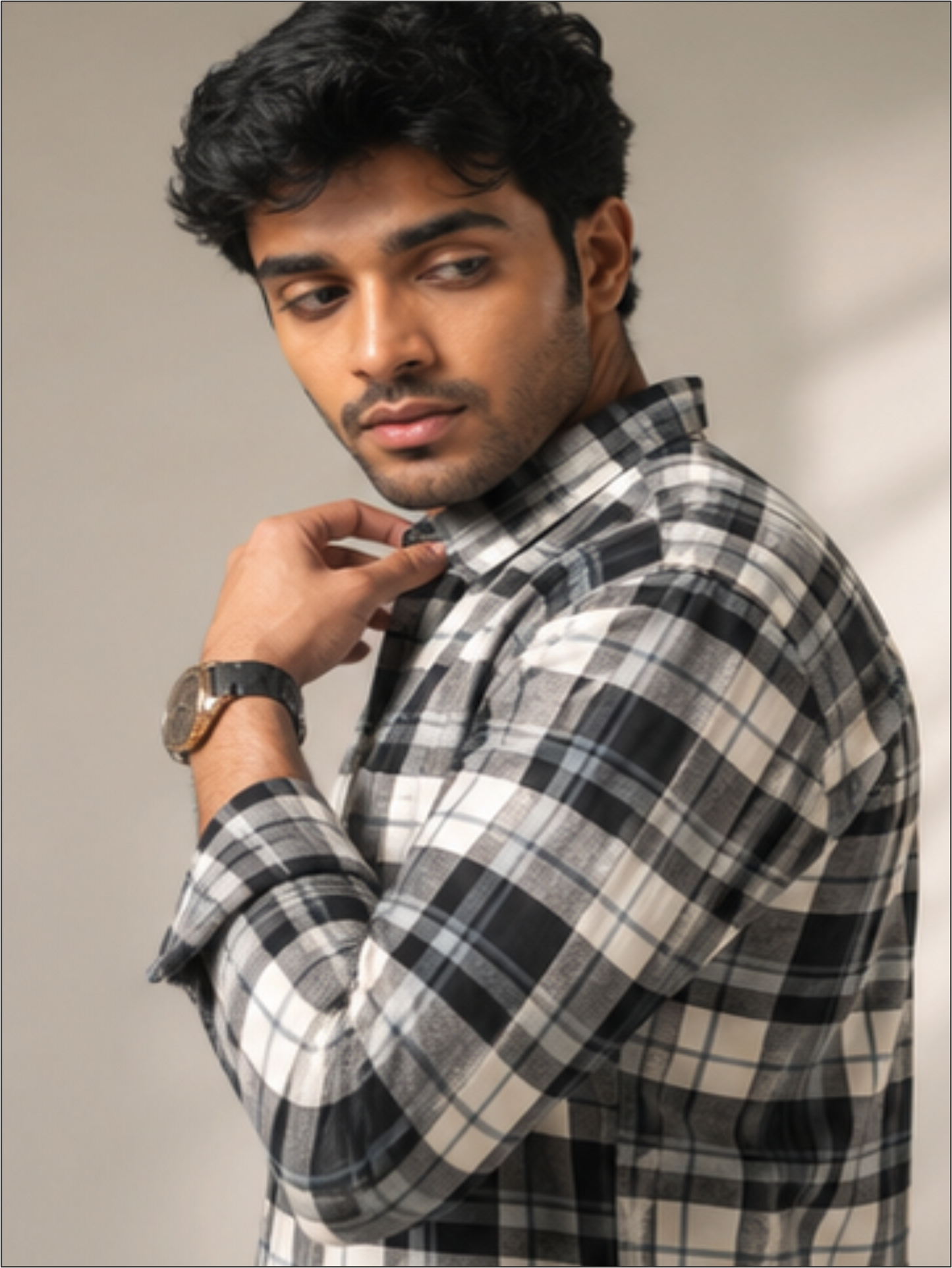 Men's Slim Fit Full Sleeves Checked Cotton Casual Shirt, Black & White