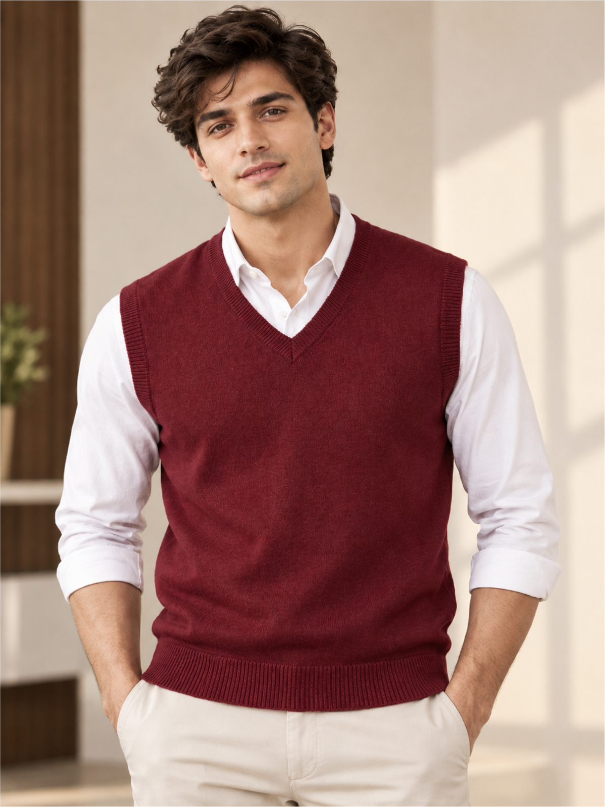 Men's Solid Wine V-Neck Sleeveless Sweater