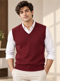 Men's Solid Wine V-Neck Sleeveless Sweater